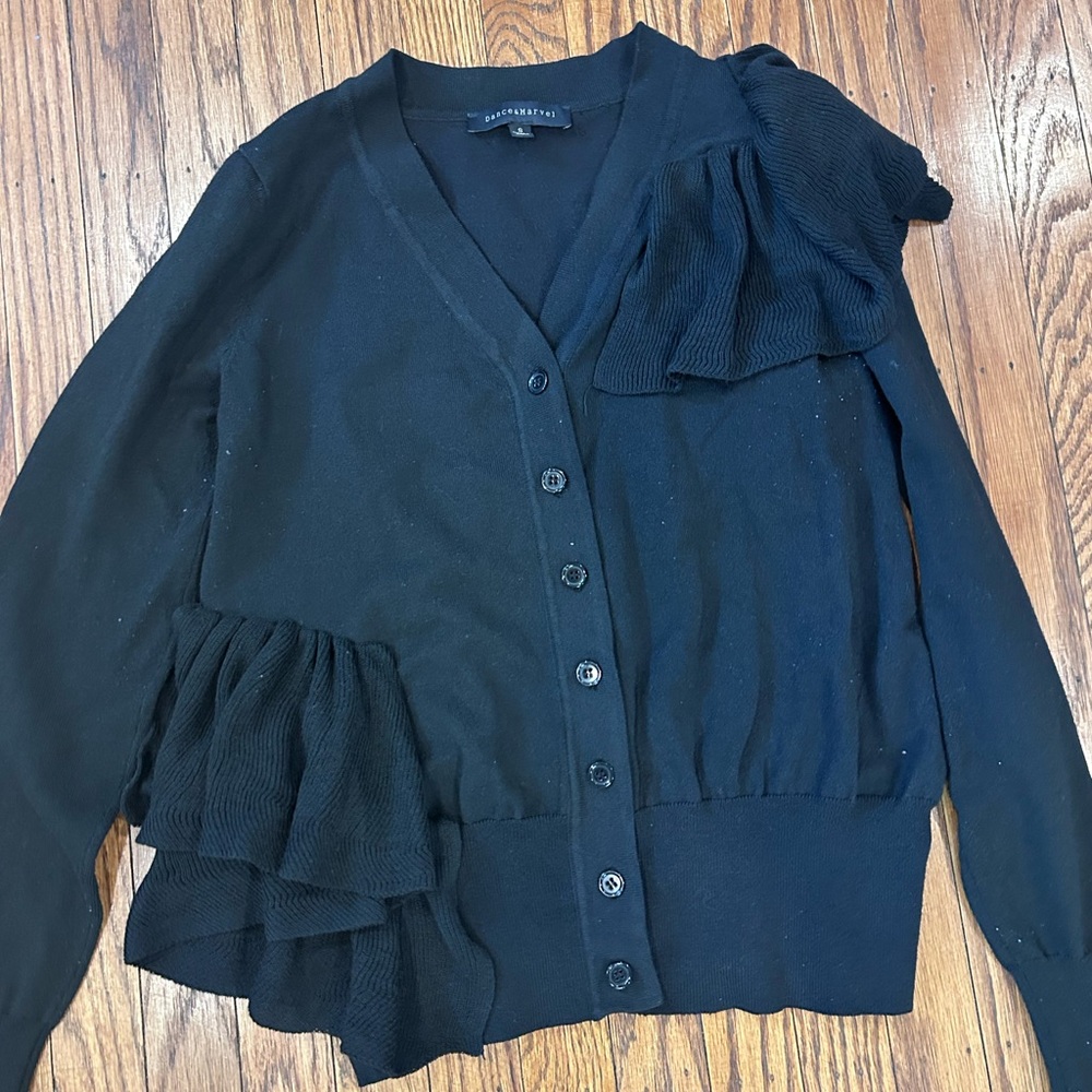 Dance & Marvel Black Ruffle-Detail Button Cardigan